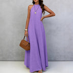 Women Summer Ice Silk Wrinkle Loose Plus Size Sleeveless Solid Color Swing Long Maxi Dress Vacation Style