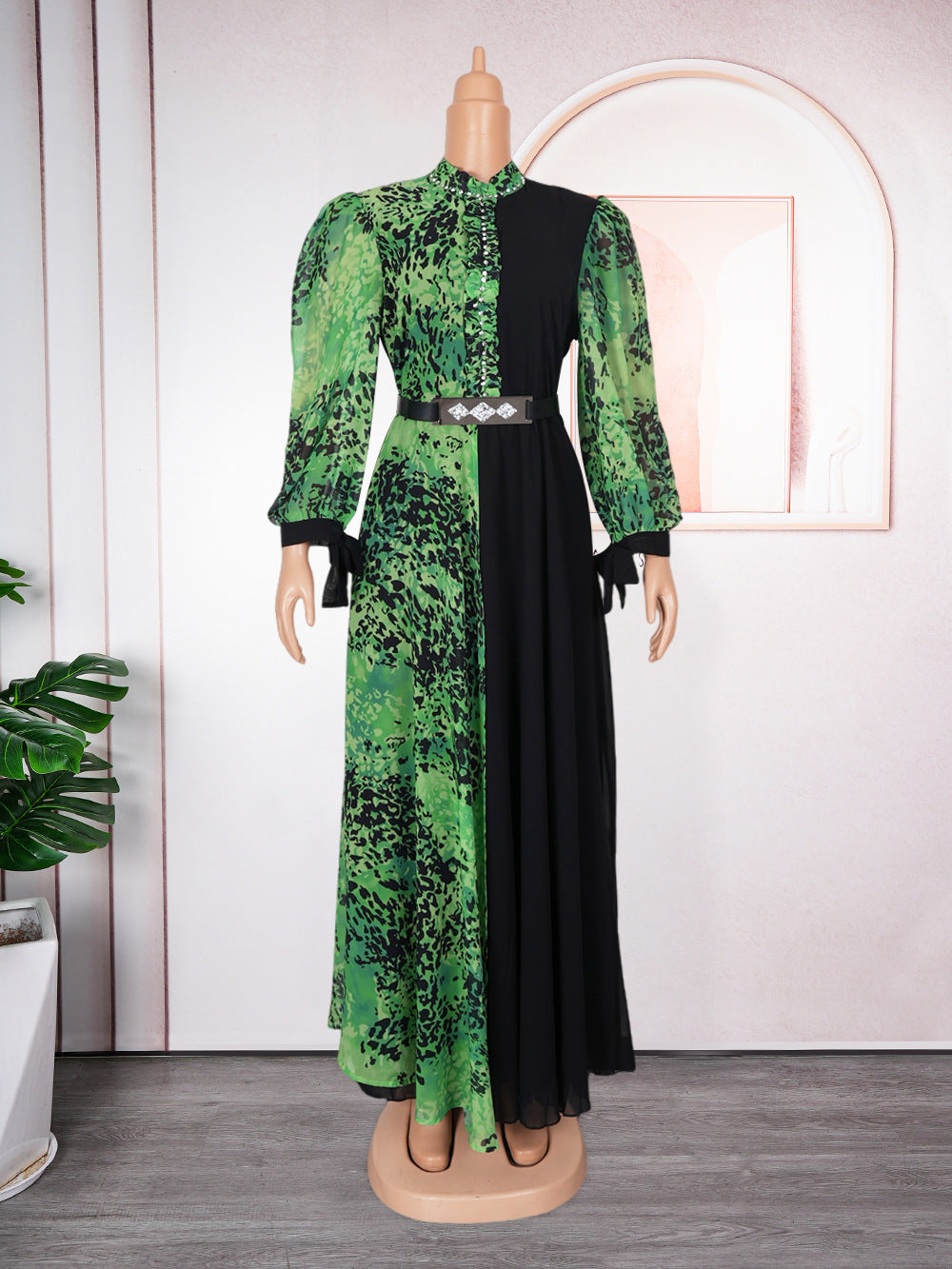 New African Plus Size Women's Dress, Chiffon Printed Spliced Color Block Long DressFashion Casual Wear
