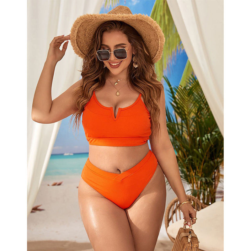 Solid Color High-Waisted Conservative Plus Size Bikini Swimwear for Women