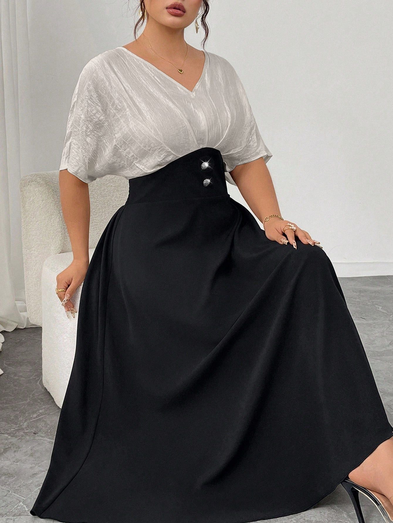 Plus Size Women's V-Neck Color-Blocking Dress Summer Short Sleeve Maxi Dress