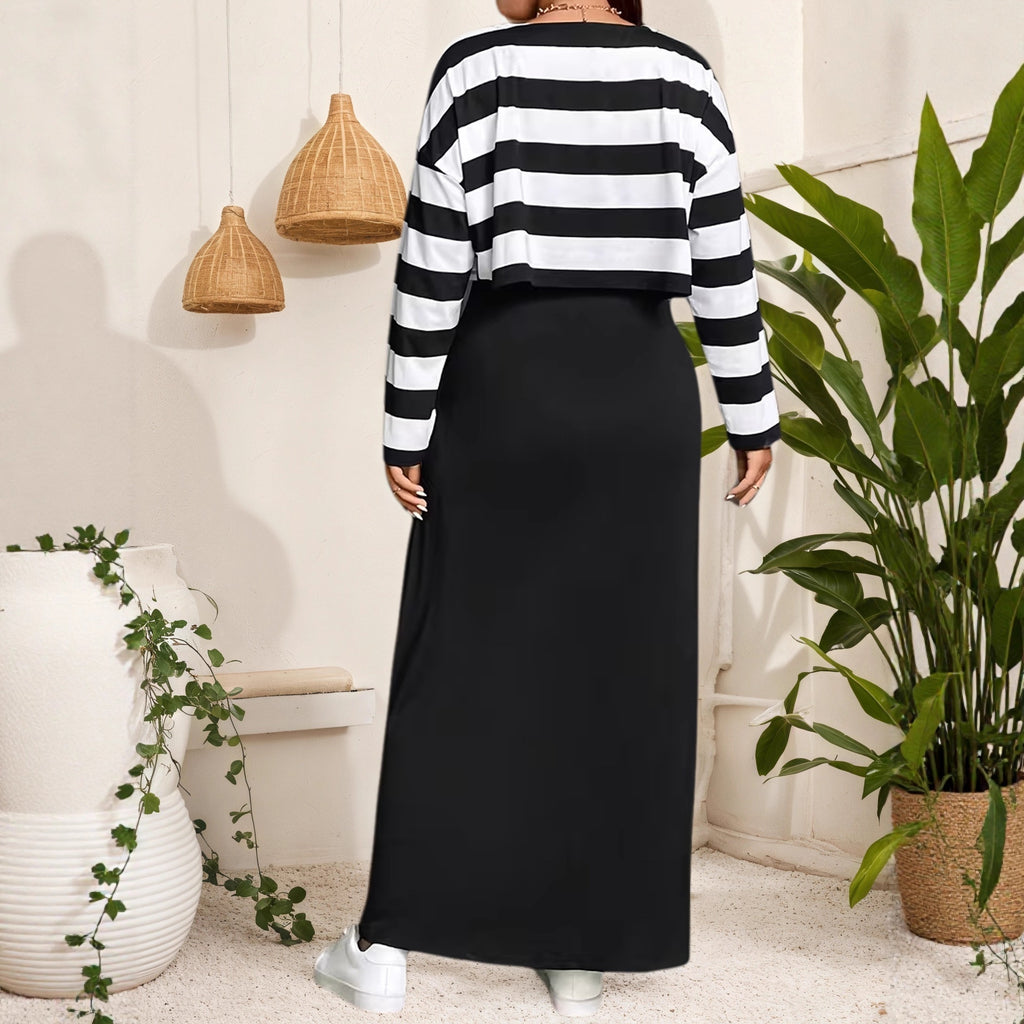 Elegant Long Dress Set with Striped Top and Dress for Women, Plus Size Fashion Two-Piece Outfit