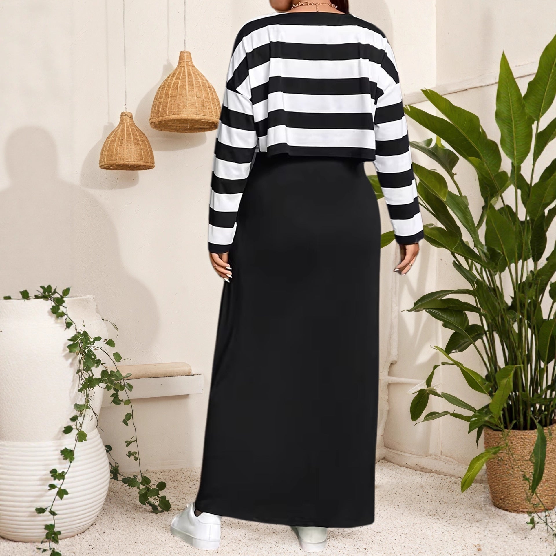 Elegant Long Dress Set with Striped Top and Dress for Women, Plus Size Fashion Two-Piece Outfit