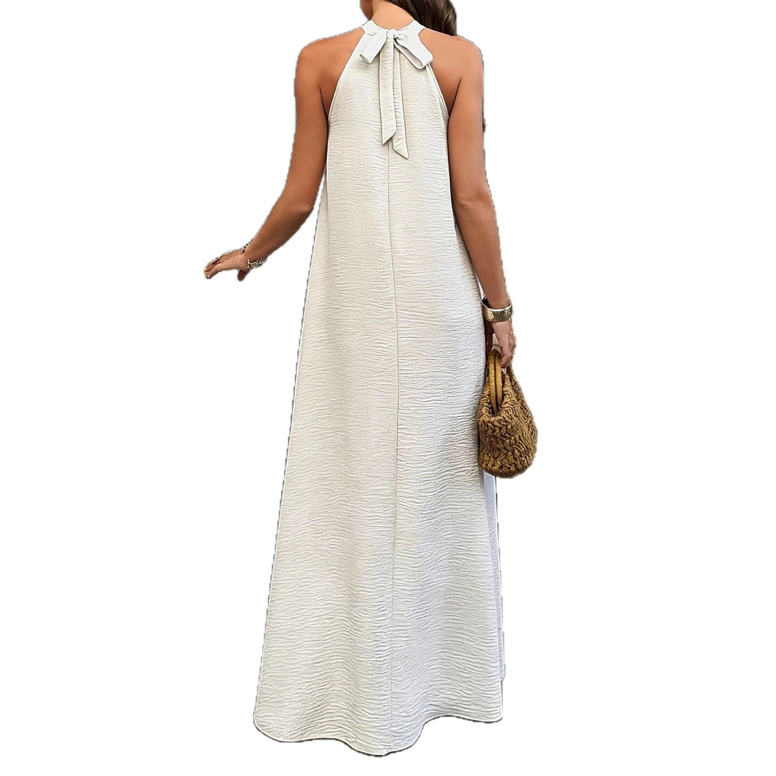 Women Summer Ice Silk Wrinkle Loose Plus Size Sleeveless Solid Color Swing Long Maxi Dress Vacation Style