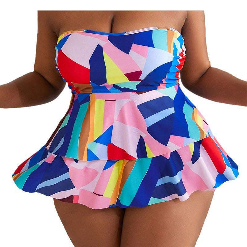 Printed Strapless Plus Size Swimwear for Women, Bikini Beach Dress Swimsuit