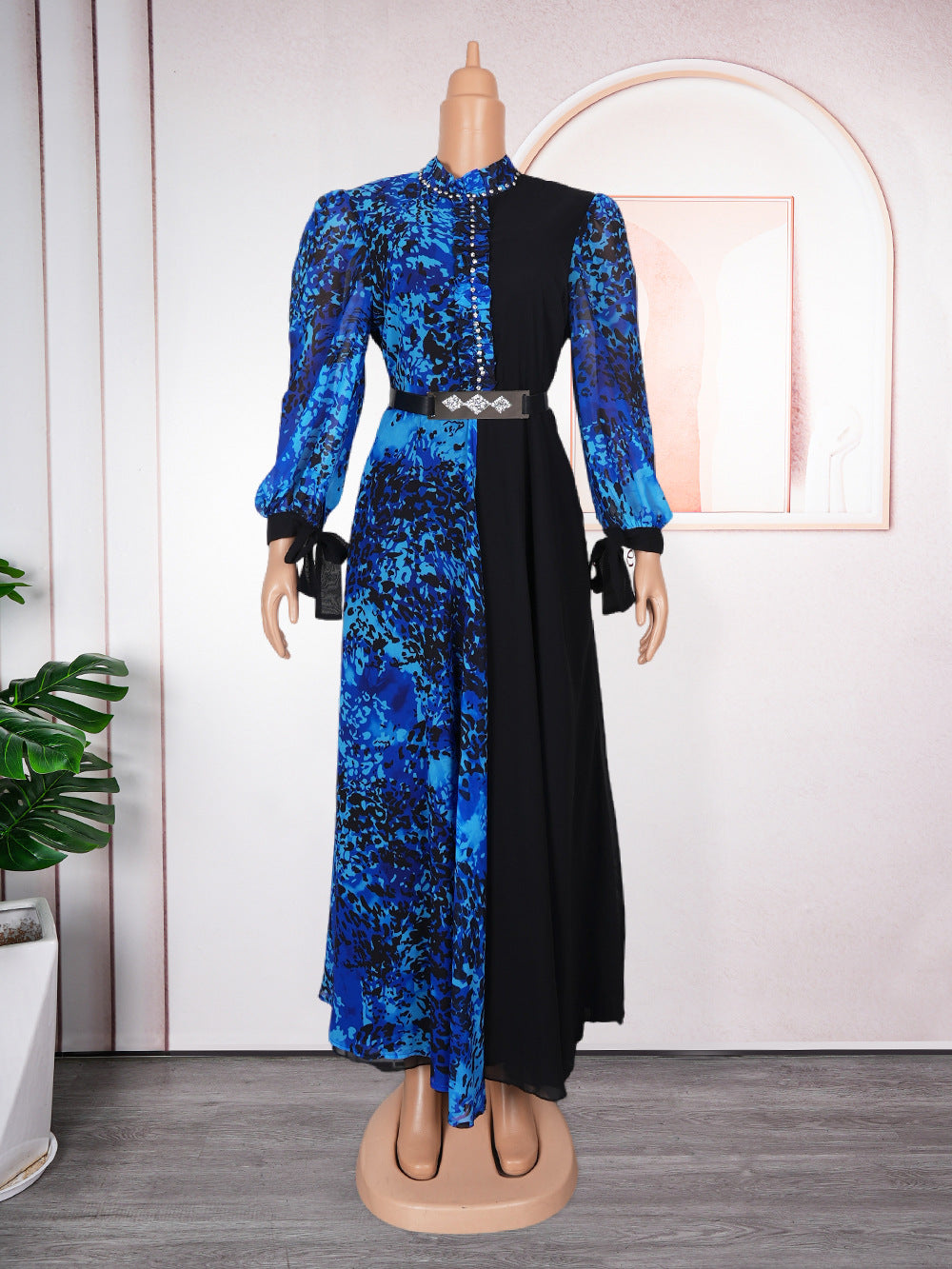 New African Plus Size Women's Dress, Chiffon Printed Spliced Color Block Long DressFashion Casual Wear