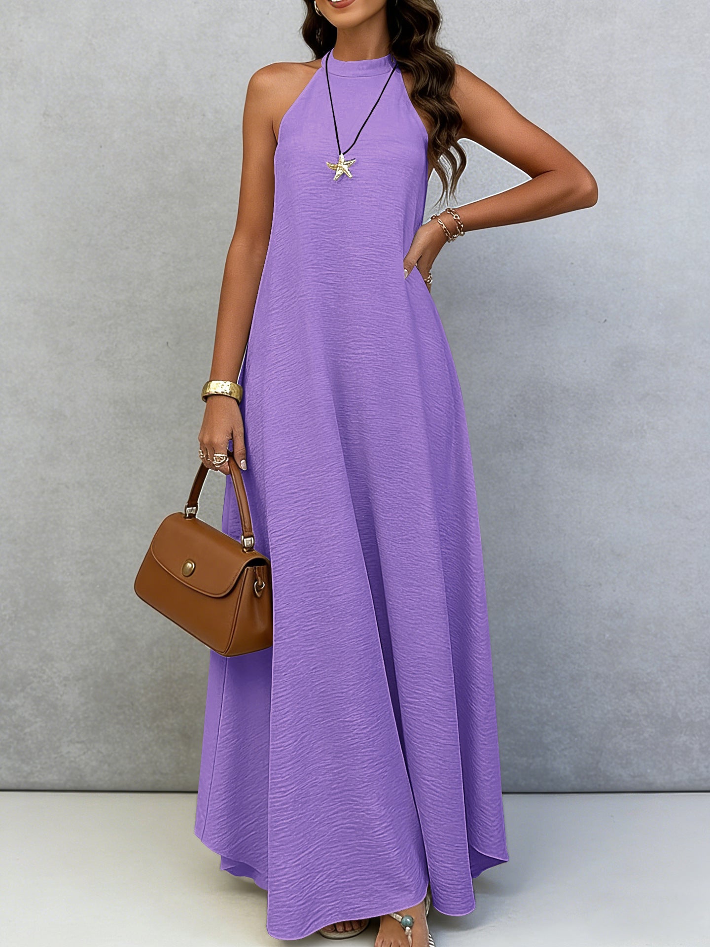 Women Summer Ice Silk Wrinkle Loose Plus Size Sleeveless Solid Color Swing Long Maxi Dress Vacation Style
