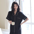 Striped Ice Silk Sleepwear for Women, Summer Short Sleeve Long Pants, High-End Lady's Home Wear, Suitable for Outer Wear