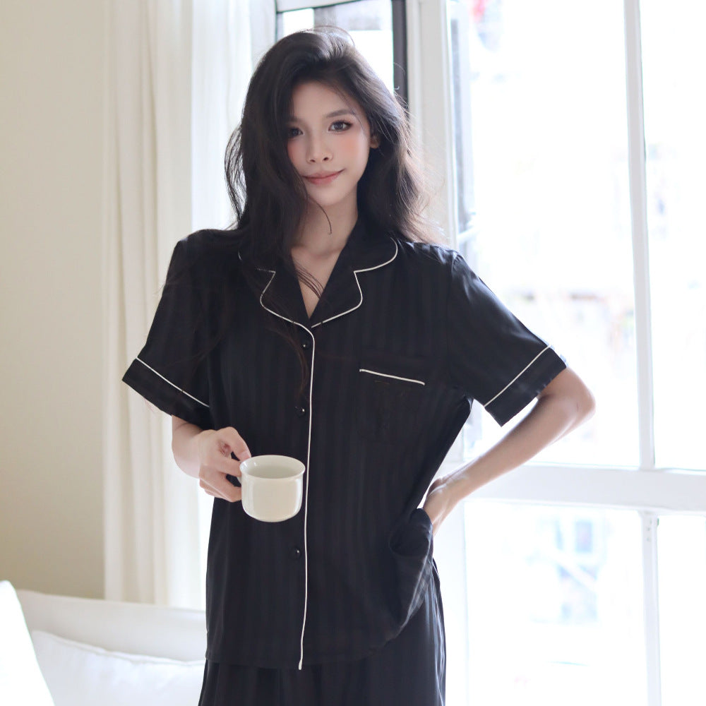 Striped Ice Silk Sleepwear for Women, Summer Short Sleeve Long Pants, High-End Lady's Home Wear, Suitable for Outer Wear