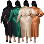 Plus Size Women's Nightclub Wear Reflective Silk Pleated Tie Shirt Dress