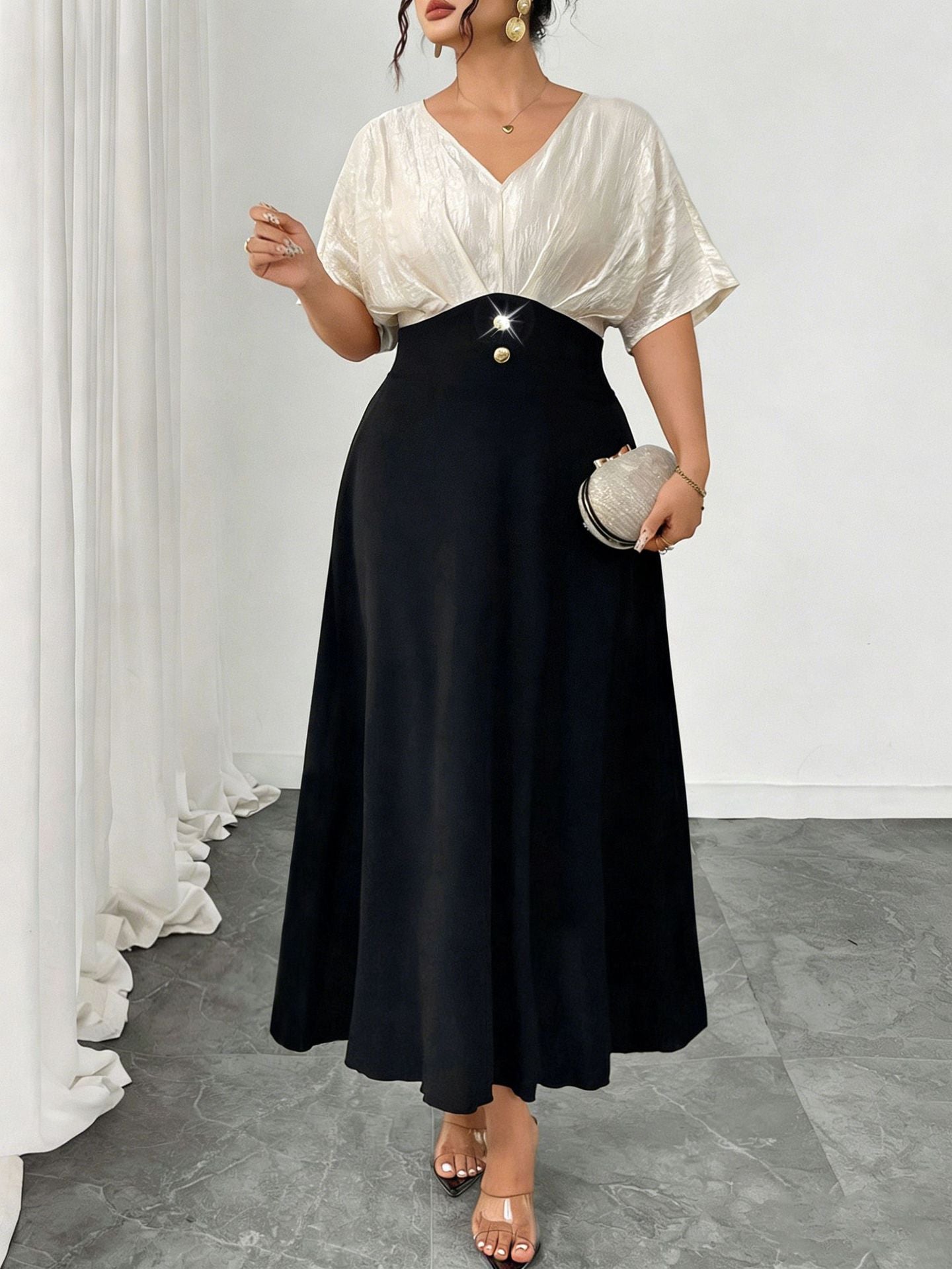 Plus Size Women's V-Neck Color-Blocking Dress Summer Short Sleeve Maxi Dress