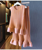 Women Fashion Summer 2 Pieces Set Pleated Sleeveless Tops & Elastic Waist Ruffles Hem Skirt Sets Dress Set Outfits Traf