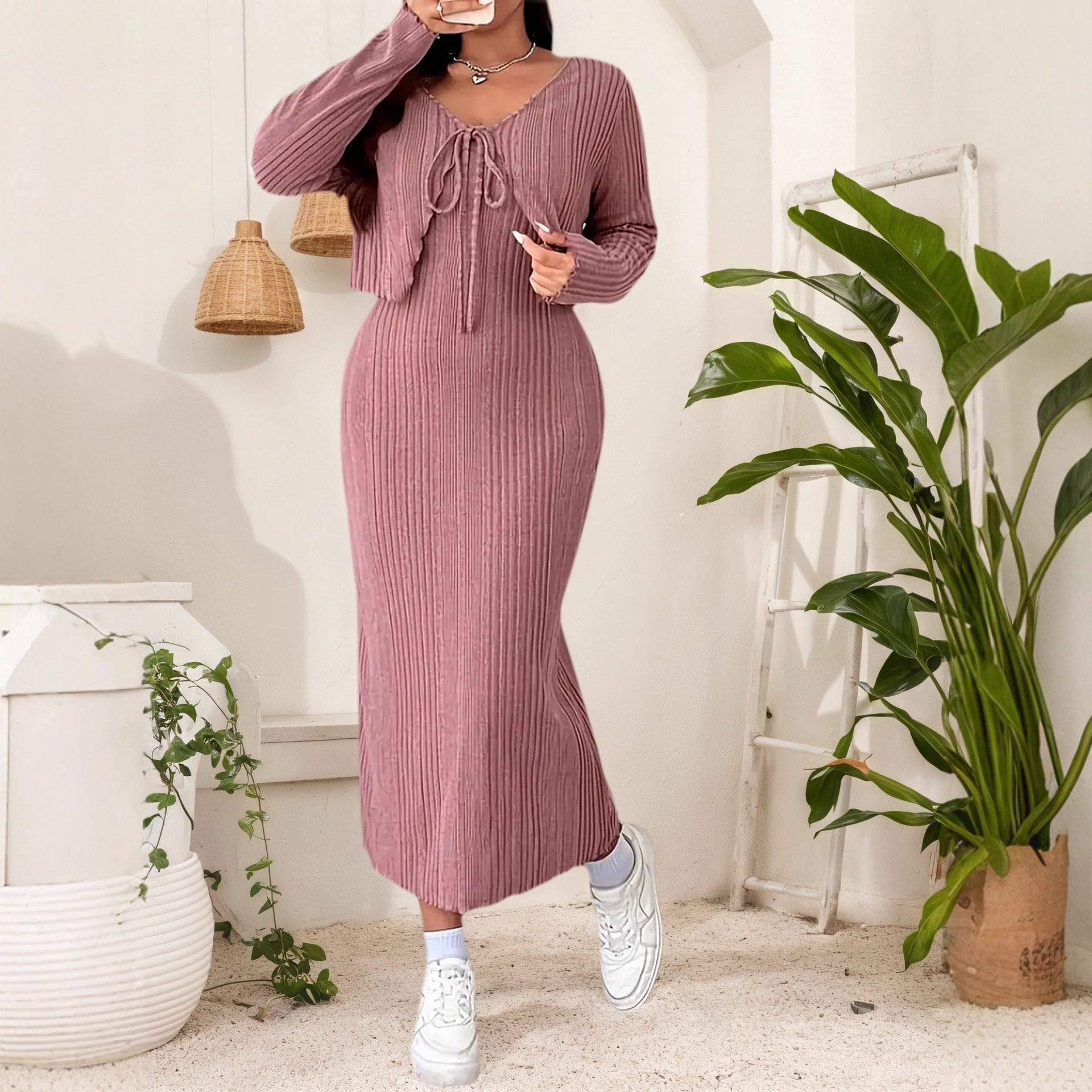 Style Solid Color Belted Two-Piece Set for Women Plus Size Long Sleeve Dress + Jacket