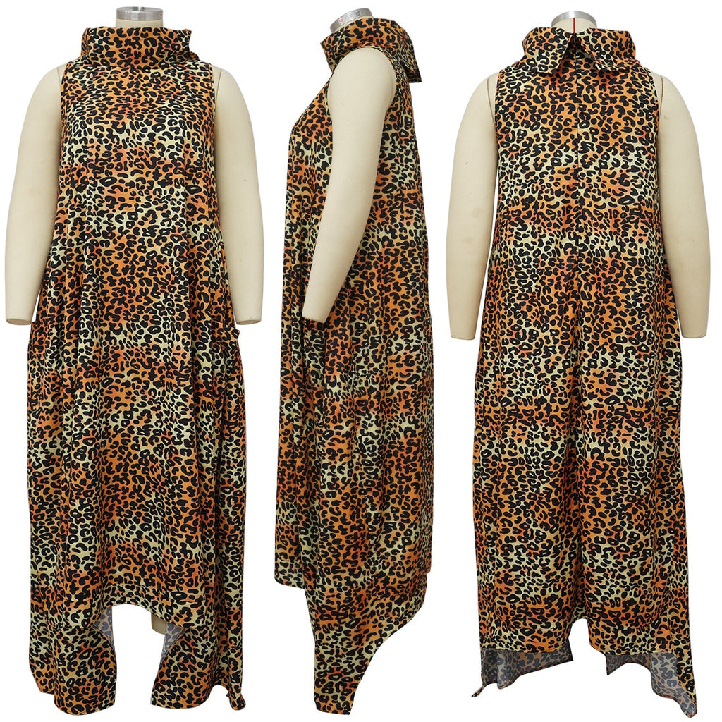 Plus Size Women Irregular Loose Dresses Turtleneck Summer Tank Maxi Long Dress Printed