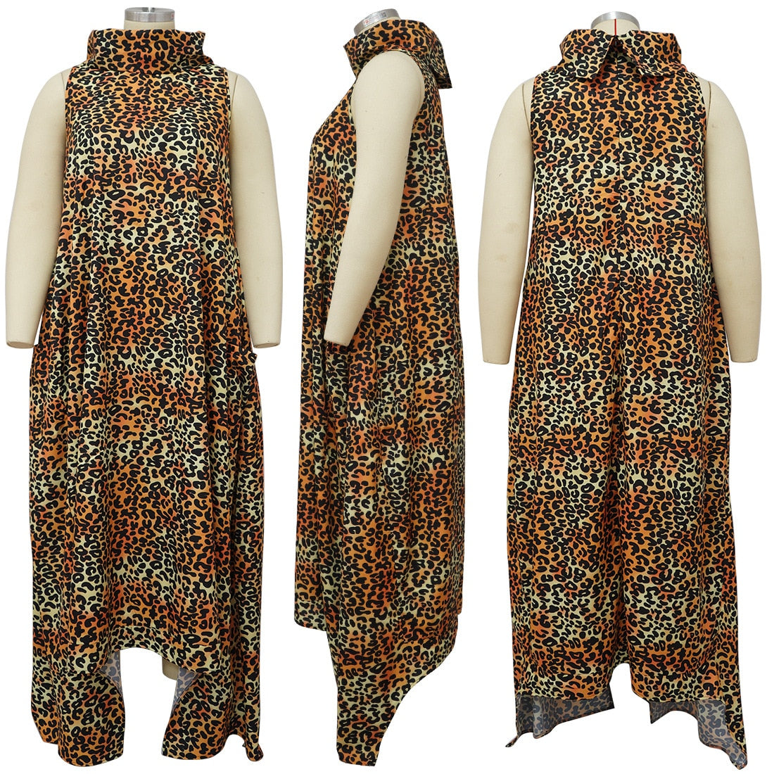 Plus Size Women Irregular Loose Dresses Turtleneck Summer Tank Maxi Long Dress Printed