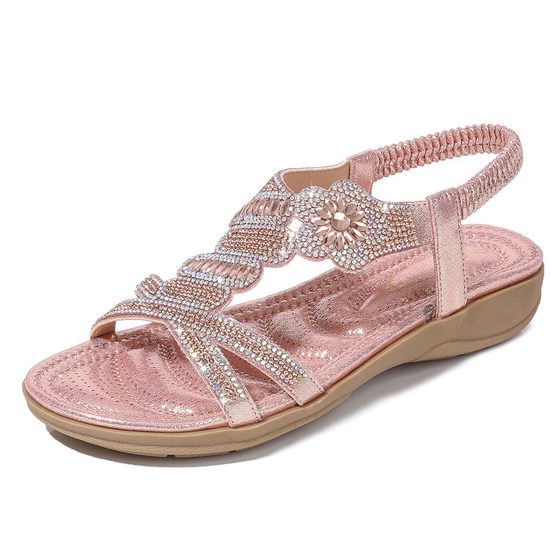 Lady Shoes Plus Size Women's Shoes Outside Flower Pattern Rhinestone Sandals Flat Plus Size Sandals