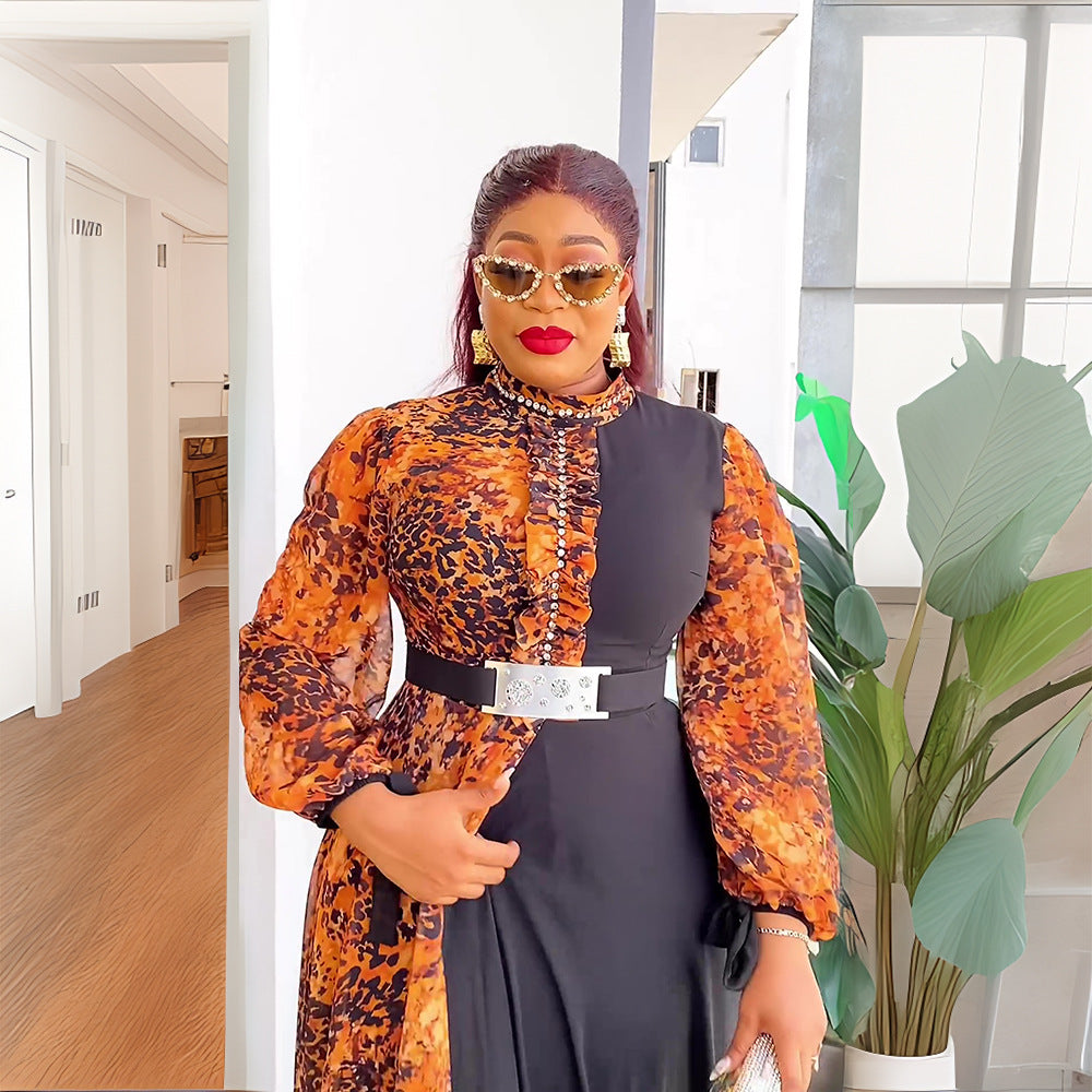 New African Plus Size Women's Dress, Chiffon Printed Spliced Color Block Long DressFashion Casual Wear