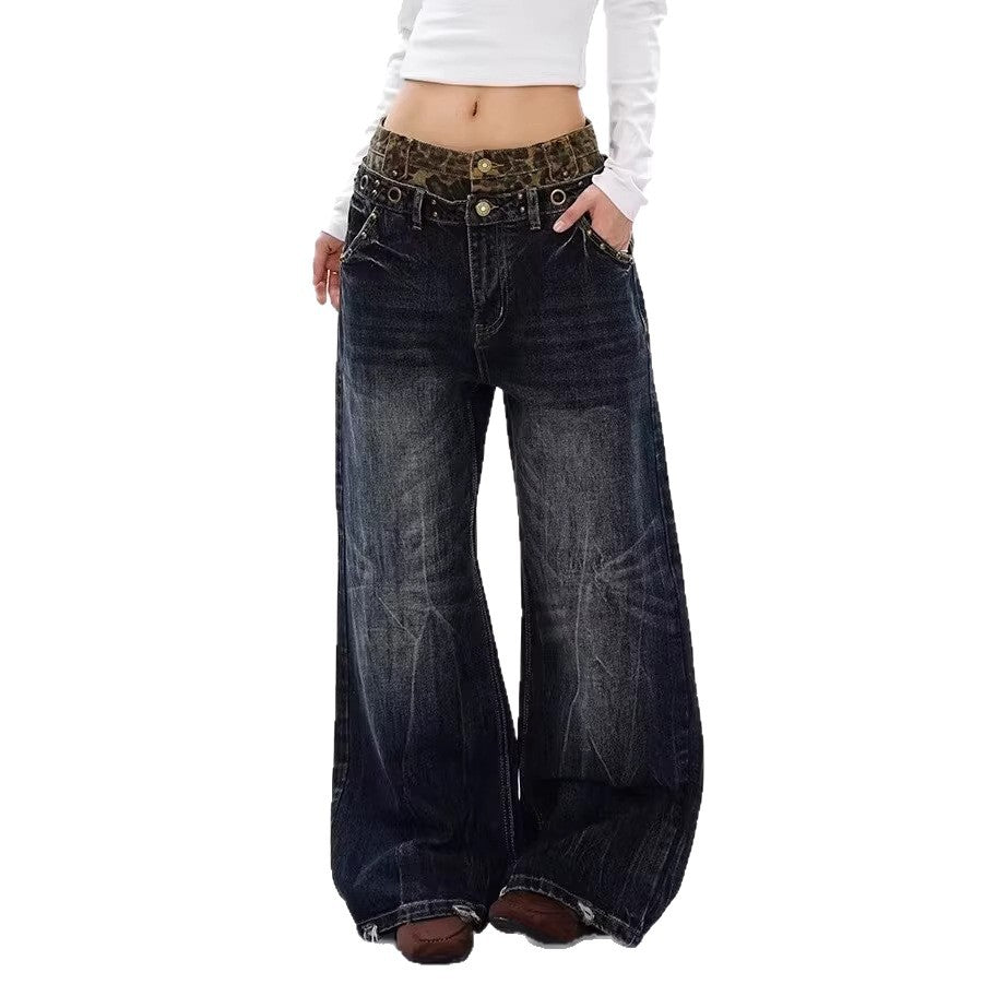 Plus Size Unique Design Leopard Print Double Waistband Patchwork Jeans