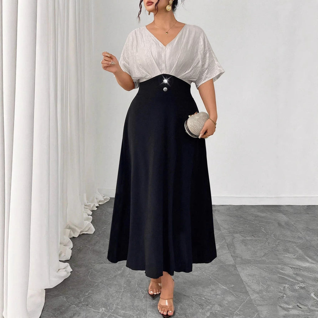 Plus Size Women's V-Neck Color-Blocking Dress Summer Short Sleeve Maxi Dress