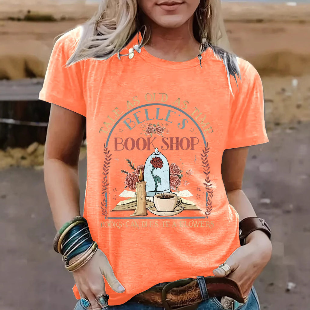 BOOK SHOP Printed New Round Neck Loose Short Sleeve