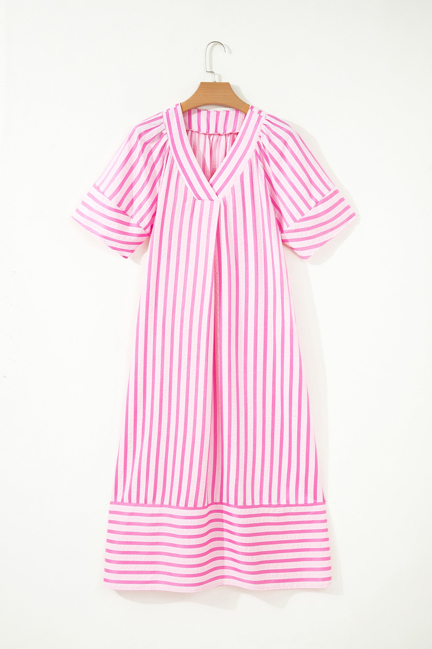 Pink Stripe V-Neck Long Dress — Flattering Shift Silhouette