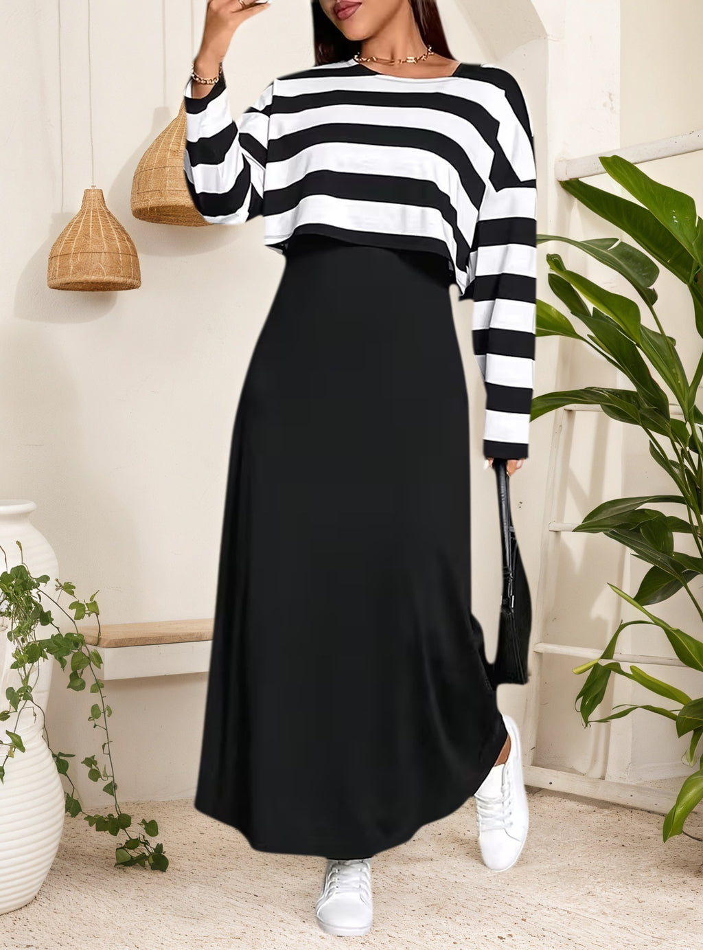 Elegant Long Dress Set with Striped Top and Dress for Women, Plus Size Fashion Two-Piece Outfit