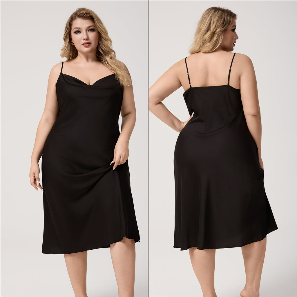 Yao Ting Plus Size Satin Nightdress for Women Summer One-Piece Plunge Neck Strap Loose Loungewear Sleepwear