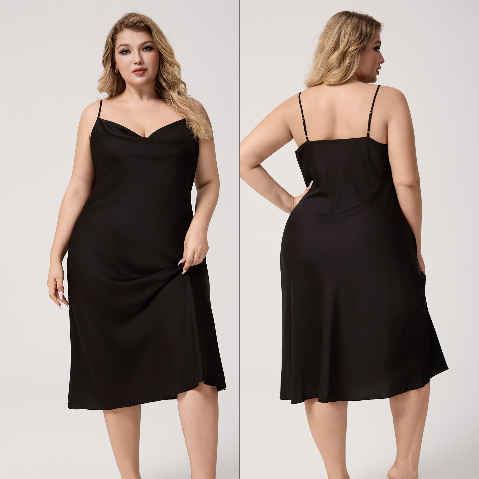 Yao Ting Plus Size Satin Nightdress for Women Summer One-Piece Plunge Neck Strap Loose Loungewear Sleepwear