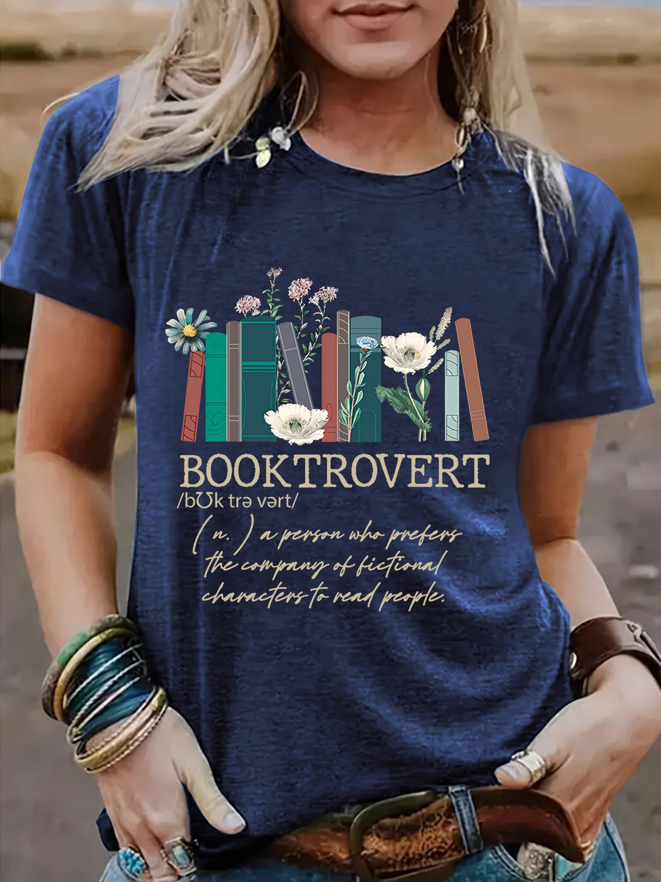 New book printed round neck loose short sleeved shirt