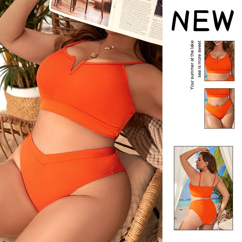 Solid Color High-Waisted Conservative Plus Size Bikini Swimwear for Women