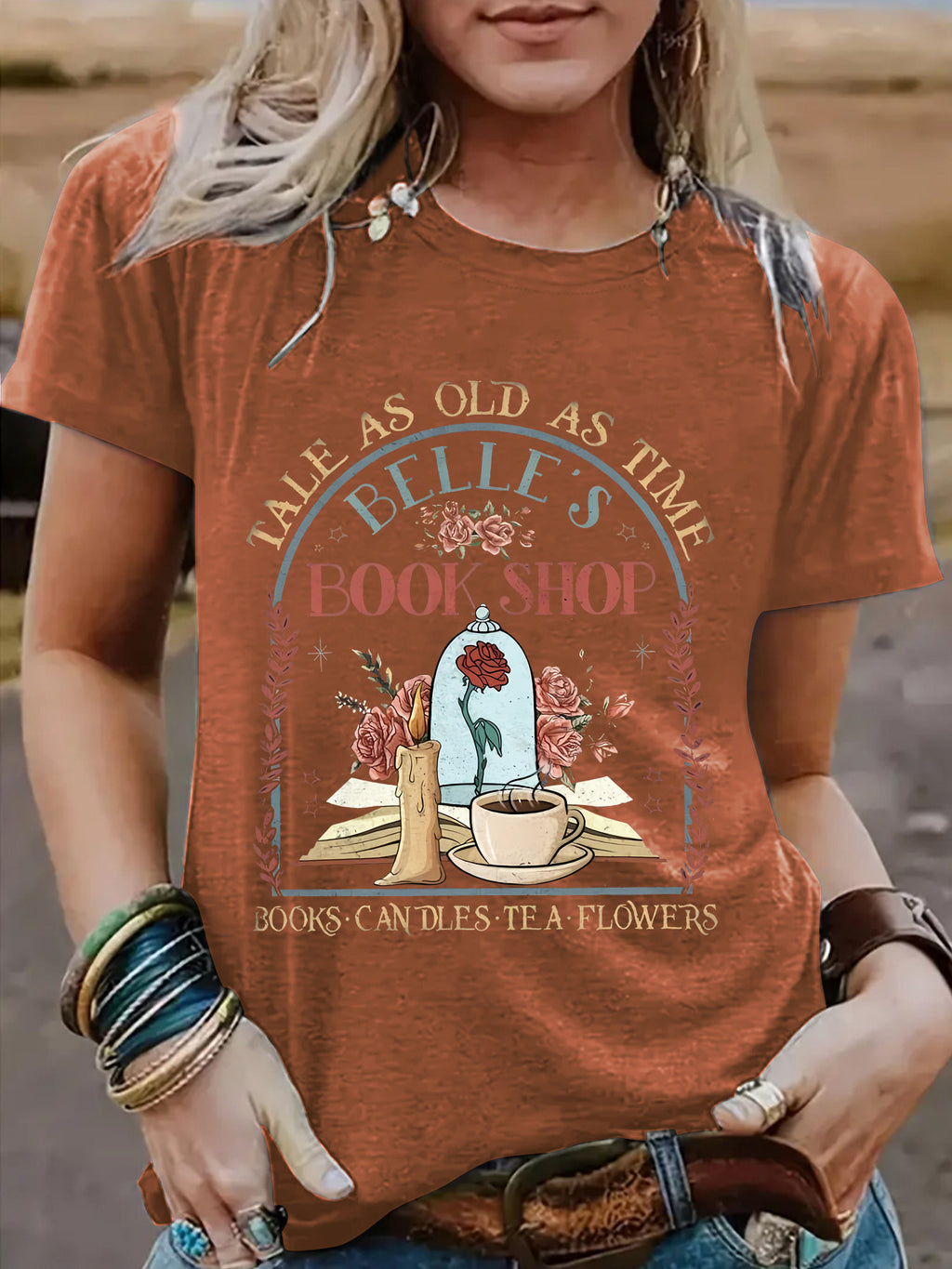 BOOK SHOP Printed New Round Neck Loose Short Sleeve