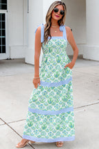 Pink Geometric Floral Print Striped Patchwork Detail Sleeveless Dress（Runs Small ）