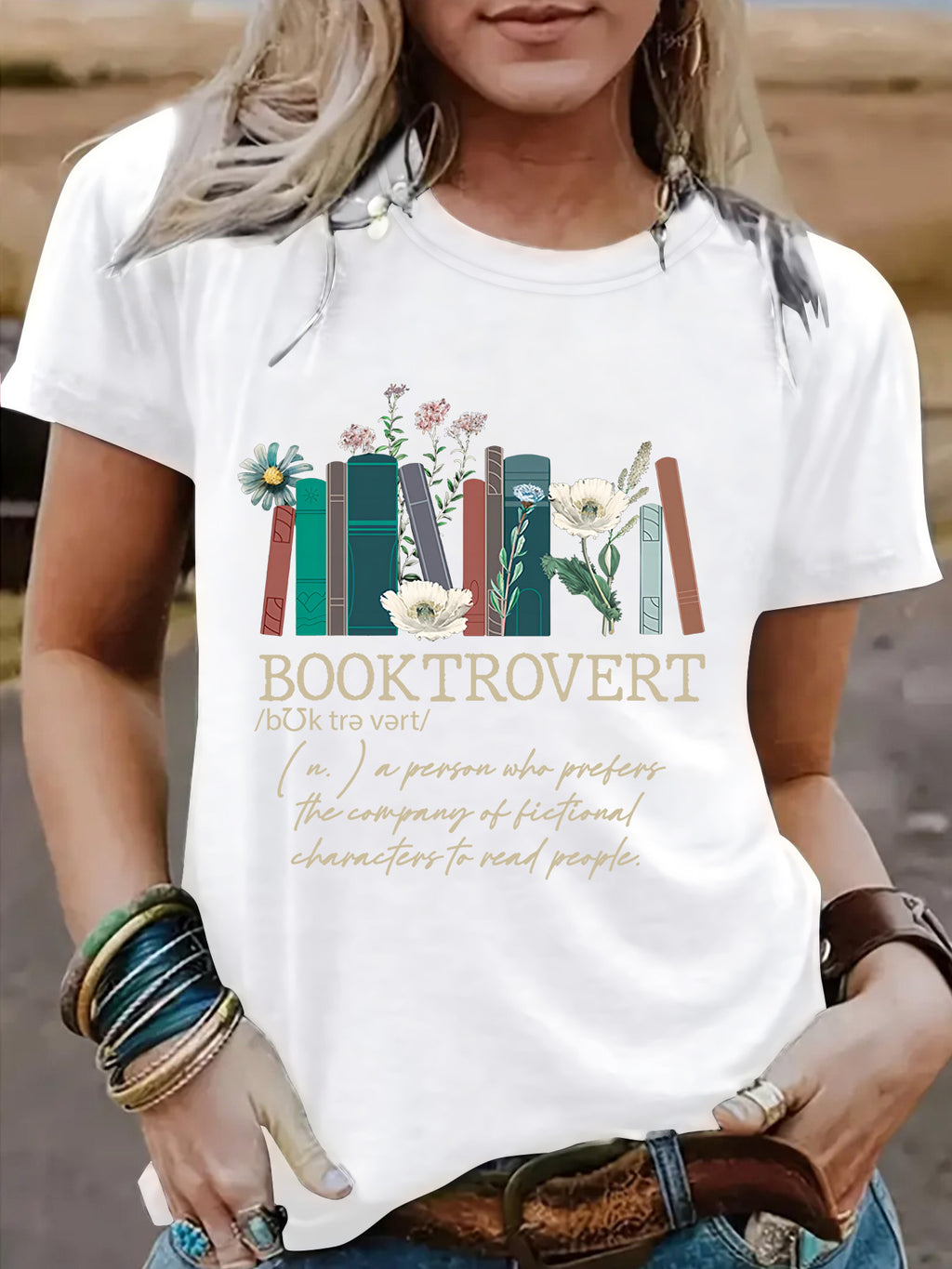 New book printed round neck loose short sleeved shirt