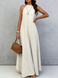 Women Summer Ice Silk Wrinkle Loose Plus Size Sleeveless Solid Color Swing Long Maxi Dress Vacation Style