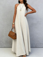 Women Summer Ice Silk Wrinkle Loose Plus Size Sleeveless Solid Color Swing Long Maxi Dress Vacation Style