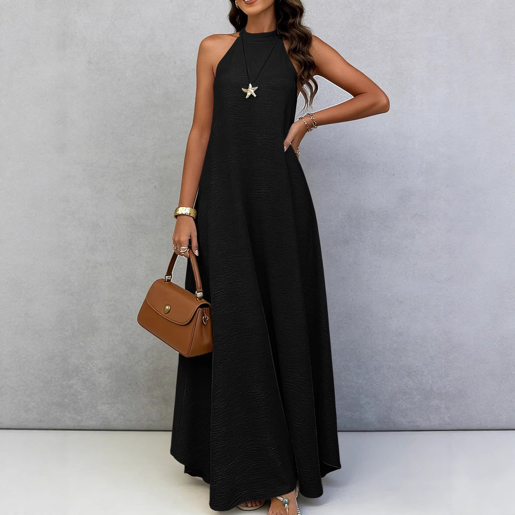 Women Summer Ice Silk Wrinkle Loose Plus Size Sleeveless Solid Color Swing Long Maxi Dress Vacation Style