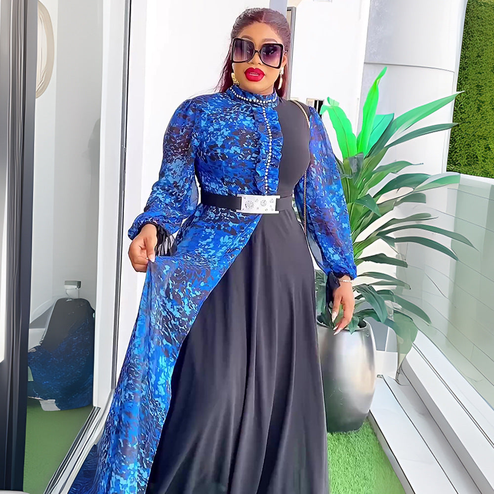 New African Plus Size Women's Dress, Chiffon Printed Spliced Color Block Long DressFashion Casual Wear