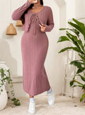 Style Solid Color Belted Two-Piece Set for Women Plus Size Long Sleeve Dress + Jacket
