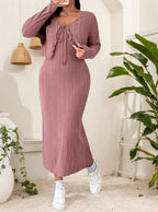 Style Solid Color Belted Two-Piece Set for Women Plus Size Long Sleeve Dress + Jacket