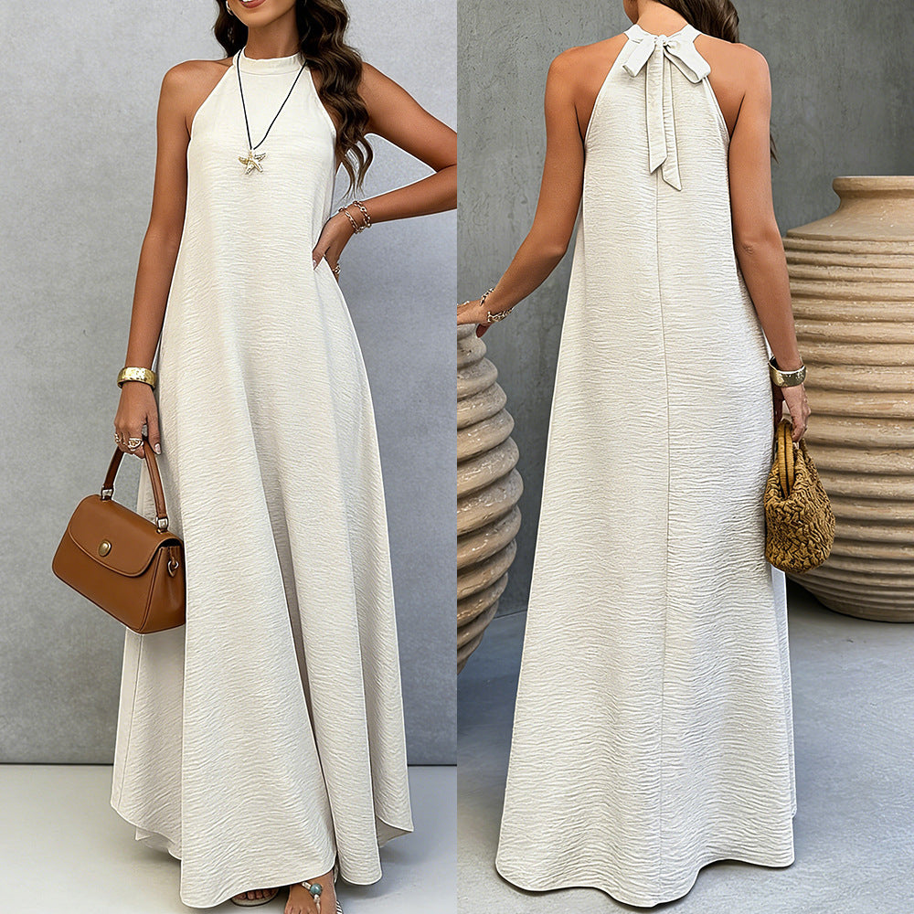 Women Summer Ice Silk Wrinkle Loose Plus Size Sleeveless Solid Color Swing Long Maxi Dress Vacation Style