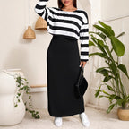 Elegant Long Dress Set with Striped Top and Dress for Women, Plus Size Fashion Two-Piece Outfit