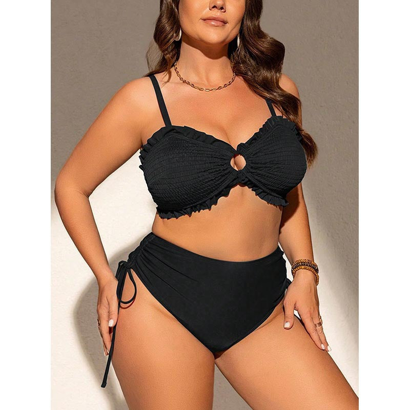 Solid color camisole gathers plus size swimsuit