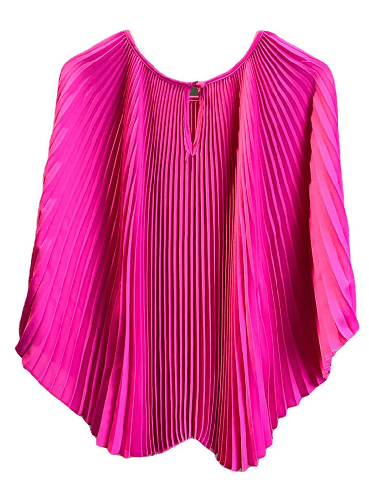 Elegant Pleated 2 Pieces Set Round Neck Batwing Sleeves Solid Tops High Elastic Waist Fold Skirts