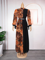 New African Plus Size Women's Dress, Chiffon Printed Spliced Color Block Long DressFashion Casual Wear