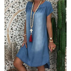 Denim Dress Plus Size 1XL-5XL Women's New Fashion Casual Solid V Neck Long Party Loose Short Sleeve Swing Summer Dress