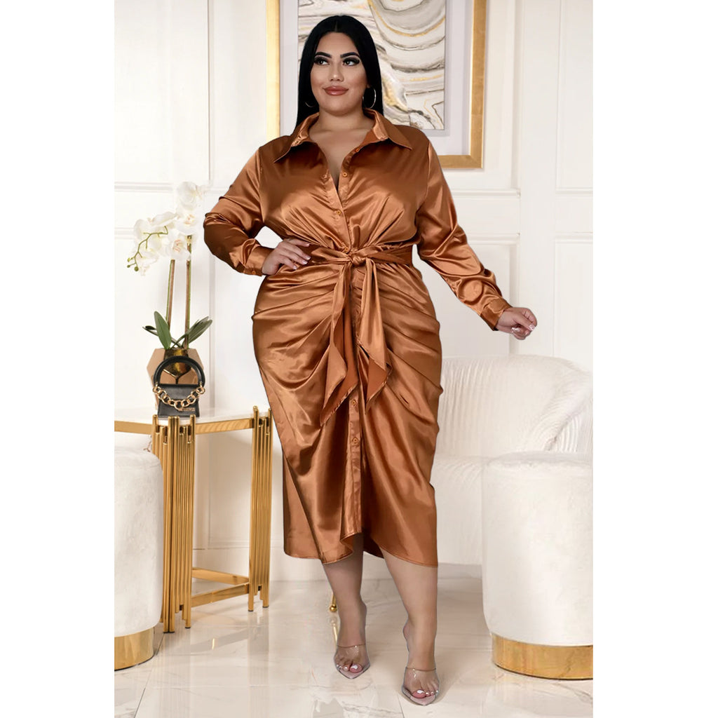 Plus Size Women's Nightclub Wear Reflective Silk Pleated Tie Shirt Dress