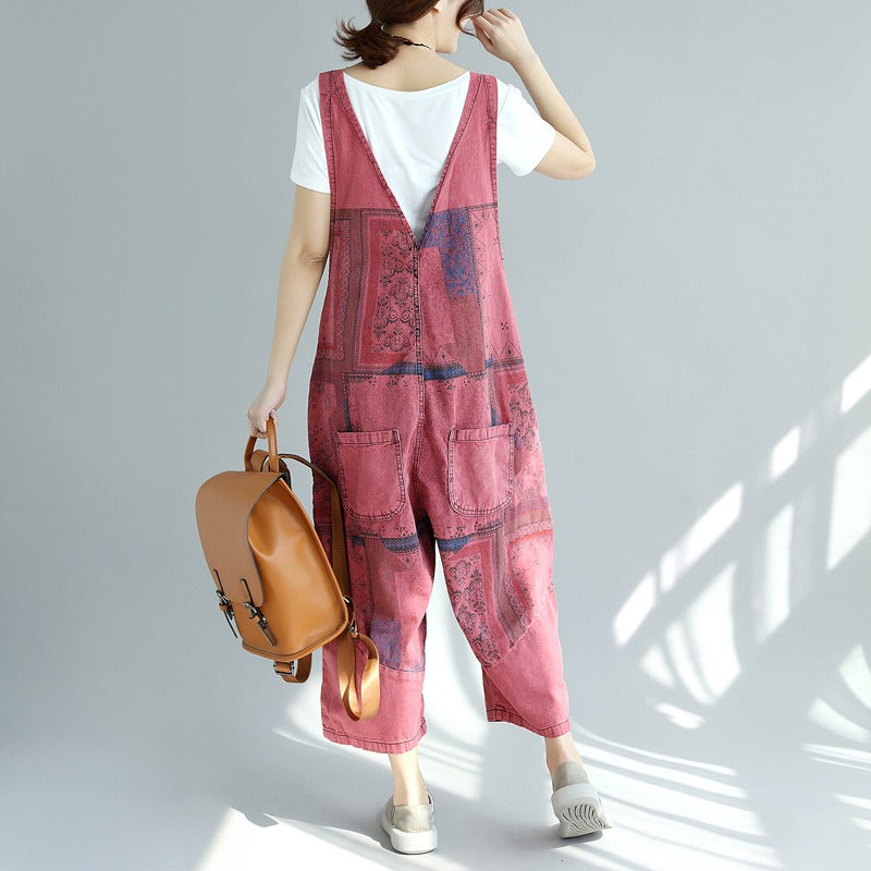 Printed old washed large crotch pants nine points women plus size stitching denim overalls