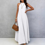 Women Summer Ice Silk Wrinkle Loose Plus Size Sleeveless Solid Color Swing Long Maxi Dress Vacation Style