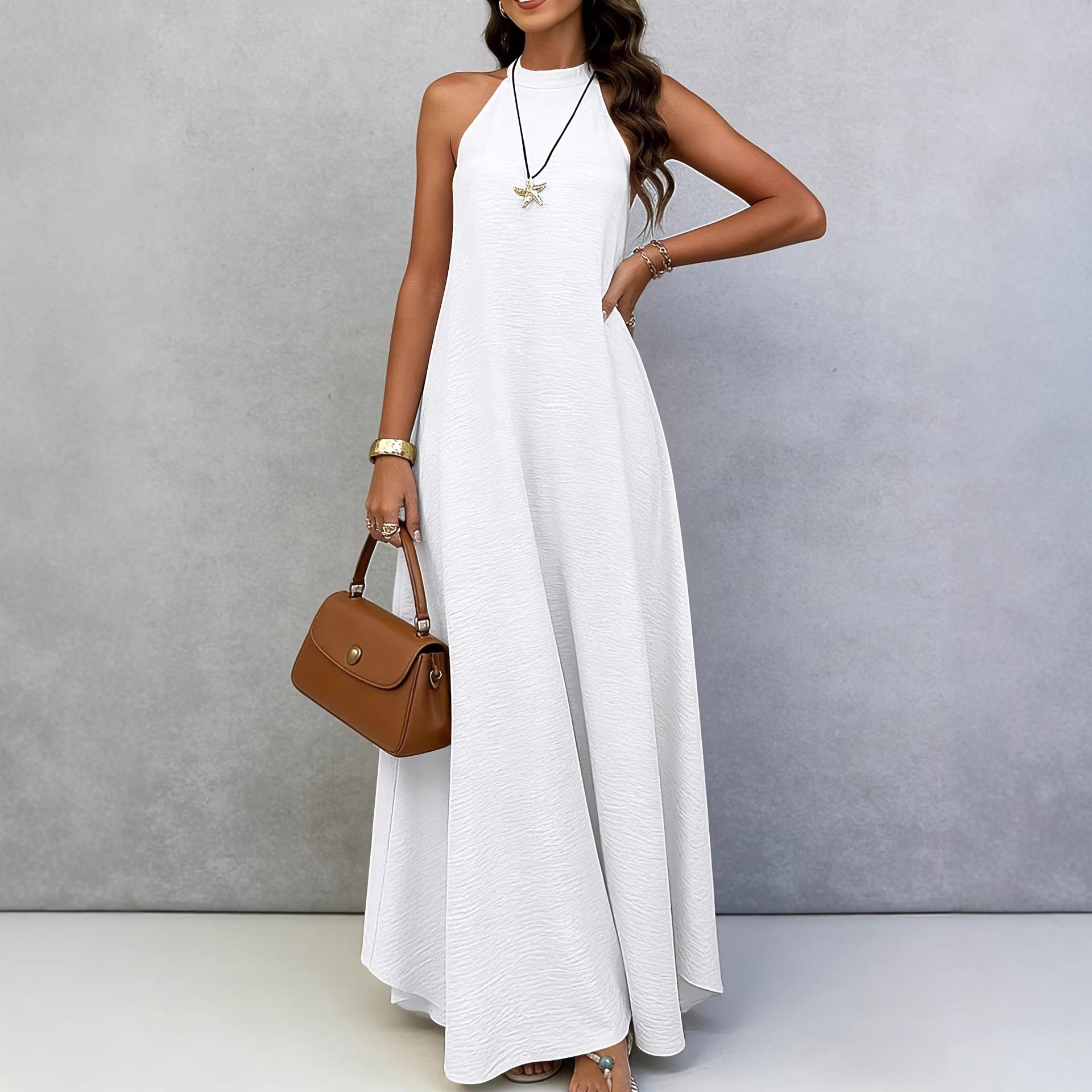 Women Summer Ice Silk Wrinkle Loose Plus Size Sleeveless Solid Color Swing Long Maxi Dress Vacation Style