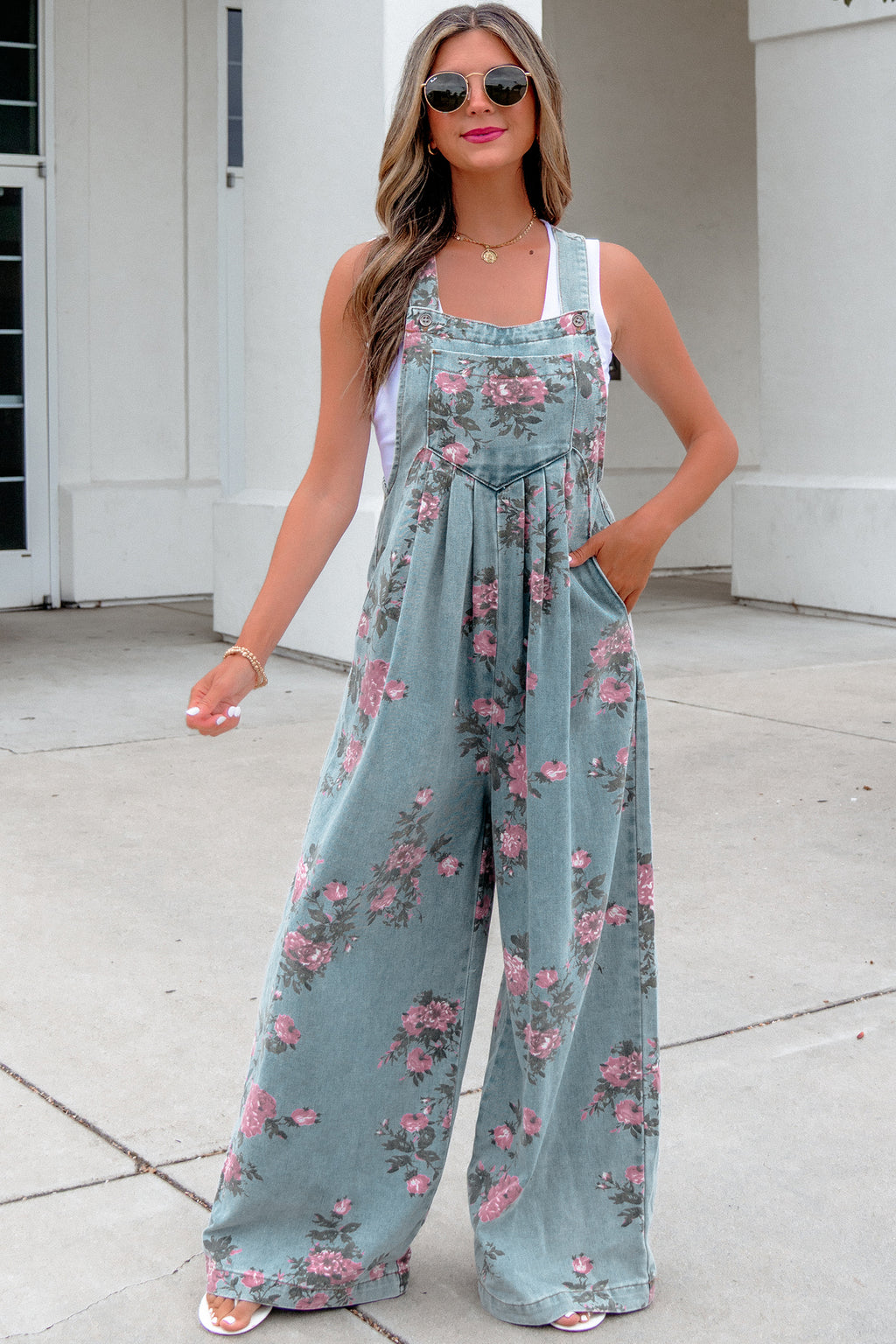 Floral Denim Jumpsuit with High Waist & Wide Leg — Vintage Vibes