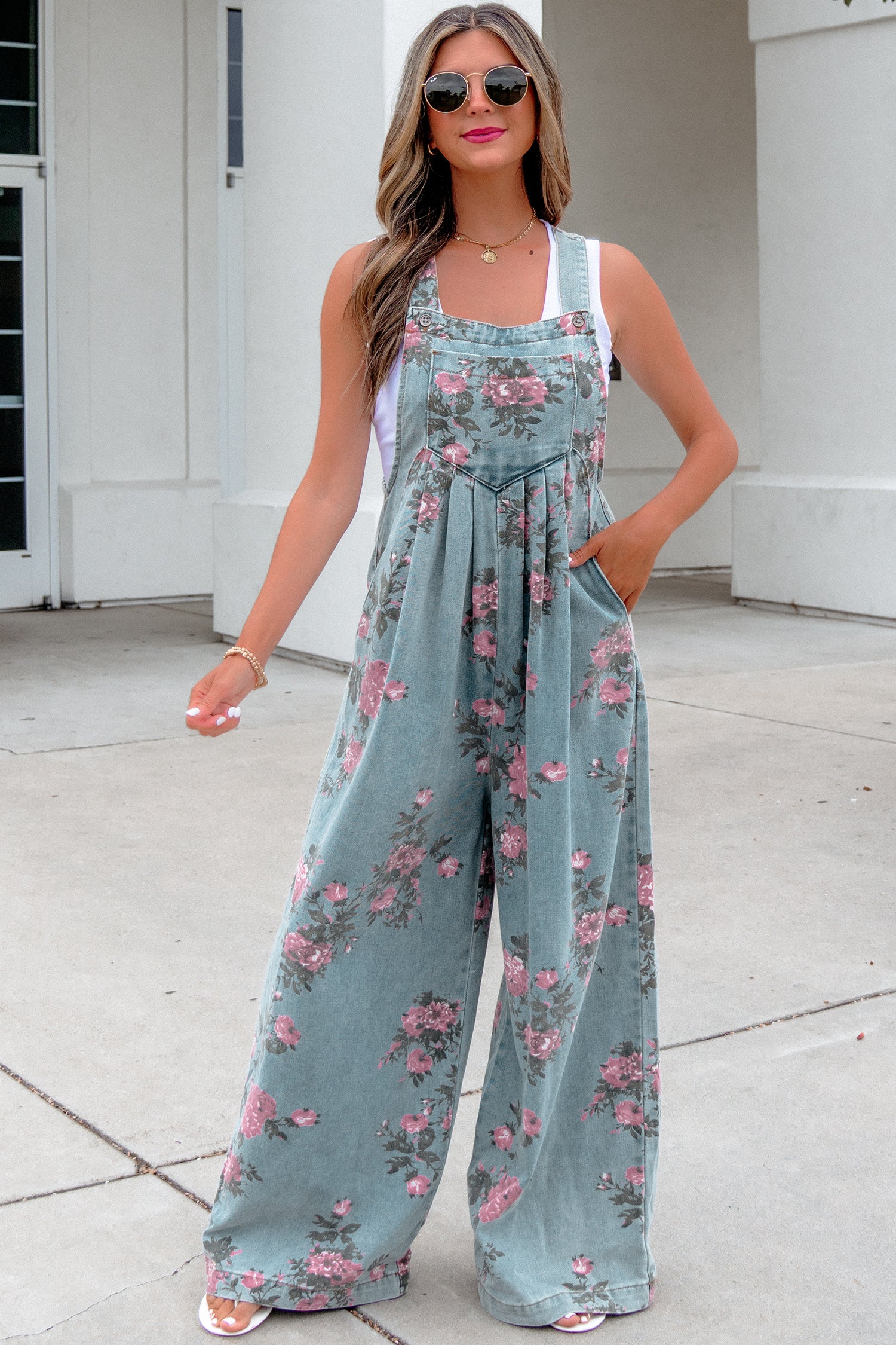 Floral Denim Jumpsuit with High Waist & Wide Leg — Vintage Vibes